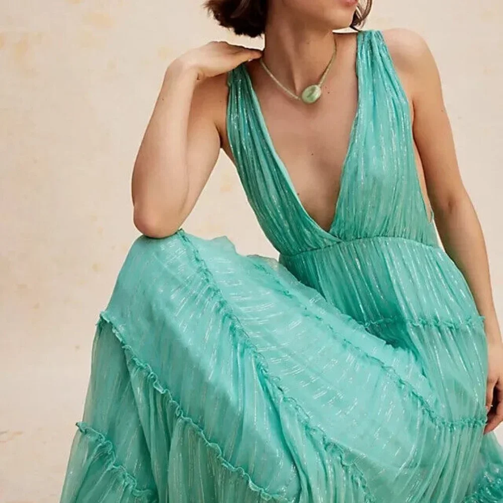 Free People FP One Milani Maxi Dress Tiered V Neck Gown NWD S - Picture 2 of 10
